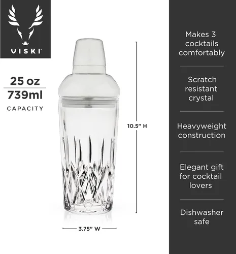 Vista 4 de Viski Admiral - Coctelera para cócteles fríos, Margarita, Whisky Sour, vaso de cristal cortado con tapa de acero inoxidable y colador, elegante