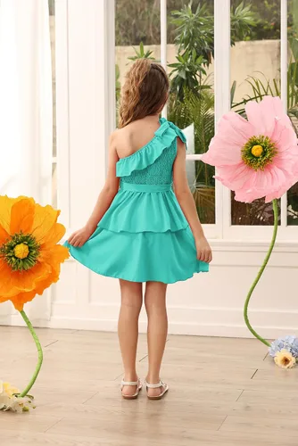 Vista 6 de Danna Belle Vestido de fiesta de verano para niñas, con un hombro, volantes, escalonado, ropa de regalo, tallas 5-14