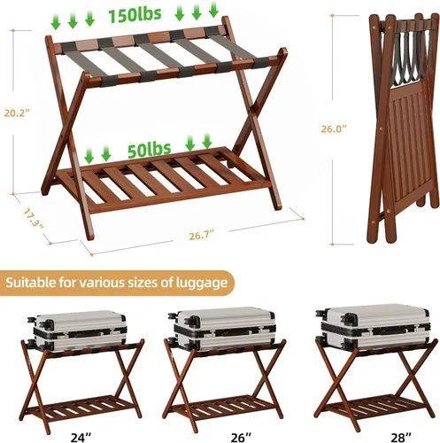 Vista 4 de BAMBOOHOMIE Portaequipajes completamente montado de 26.77 pulgadas de largo para habitación de invitados, juego de 2 soportes plegables para maletas