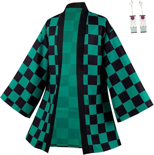 Vista 2 de Duwseal Kamado Tanjirou - Conjunto de bata para cosplay, kimono, chaqueta y aretes