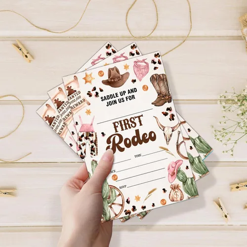 Vista 4 de Invitaciones de fiesta de cumpleaños de vaquero para niños y niñas, tarjetas de invitación My First Rodeo, 20 tarjetas de invitación retro
