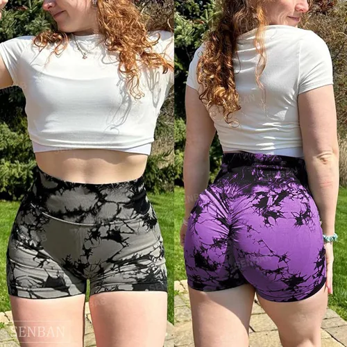 Vista 2 de SENBAN Pantalones cortos de entrenamiento sin costuras para mujer pantalones cortos de cintura alta para gimnasio, teñido anudado, pantalones cortos