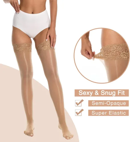 Vista 5 de MANZI Medias altas hasta el muslo brillantes con encaje sexy que se mantienen en pie, medias transparentes y sedosas para mujer, paquete de 2 pares