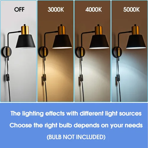 Vista 4 de Juego de 2 apliques de pared modernos con brazo oscilante para enchufar, luces de pared negras giratorias con cable de encendido/apagado