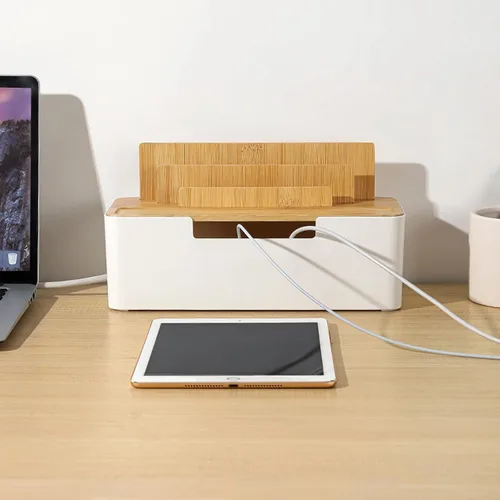 Vista 3 de Catekro Caja de organización de cables con tapa de bambú, soporte para teléfono celular, tableta, enchufe de almacenamiento de cables de datos Negro