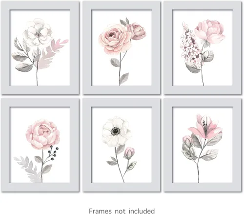 Vista 5 de Lambs & Ivy Acuarela Floral Sin Marco Vivero Niño Arte De Pared 6pc - Rosa/Gris