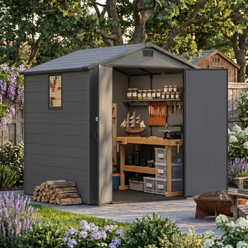 Vista 10 de Devoko 6X4 FT Plastic Outdoor Storage Shed with Floor, Dark Gray