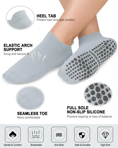 Vista 4 de 5 pares de calcetines de yoga con agarre de pilates para mujer, calcetines atléticos antideslizantes para ballet, danza, entrenamiento, hospital