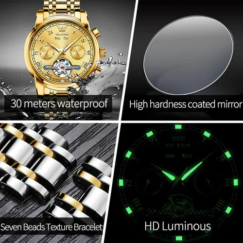 Vista 5 de OLEVS Reloj automático (no requiere batería) Relojes de pulsera para hombre, relojes mecánicos de cuerda automática, reloj clásico de esqueleto