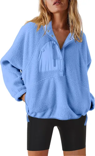 Vista 18 de Nirovien - Chaqueta de forro polar con capucha para mujer, manga larga, sherpa, sudadera mullida, abrigada, con botones y bolsillos Un rosa
