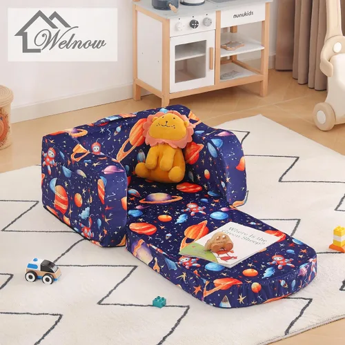 Vista 8 de Welnow Sofá infantil 2 en 1, silla convertible para niños, sofá abatible para niños con reposabrazos ondulados, sofá plegable para juegos para niños