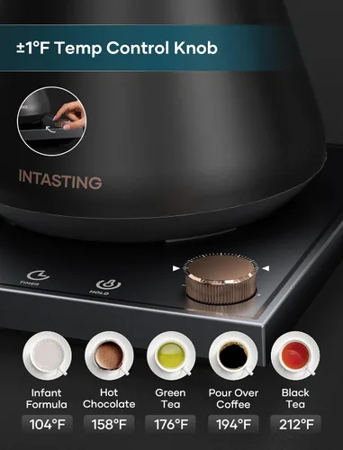 Vista 3 de INTASTING Hervidor Eléctrico de Cuello de Cisne, Control de Temperatura Preciso ±1℉, Interior de Acero Inoxidable, Calentamiento Rápido para Café