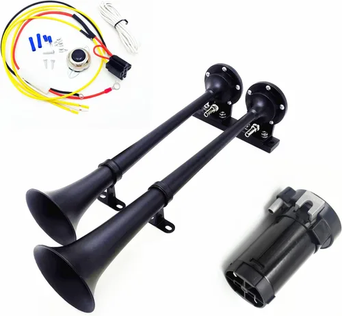 Vista 7 de Bocina de aire para coche, 160db, 24 V, cromado, negro, zinc, doble tubo, trompeta, bocina eléctrica, bocina de alarma, bocina de alarma