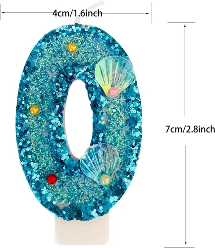 Vista 2 de Vela de número azul, velas de número con lentejuelas en forma de concha para pasteles de cumpleaños, suministros para fiestas con temática