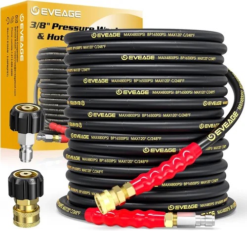 Vista 9 de EVEAGE Manguera de lavado a presión de 3/8" 7.6 m, 33,100 kPa Grado industrial con trenzado de alambre de acero y revestimiento de goma sintética