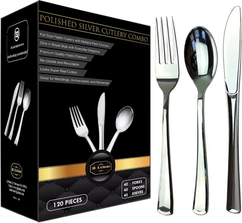 Vista 7 de Juego de cubiertos de plástico dorado de 120 piezas, reutilizables y reciclables, utensilios de plástico dorado para bodas, aniversarios, duchas