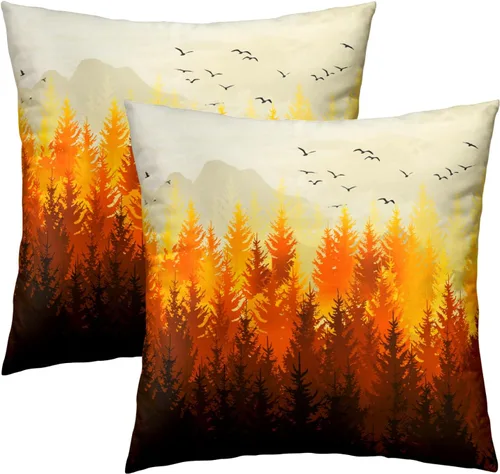 Vista 32 de Juego de 2 fundas de almohada de bosque de abedul, fundas de almohada decorativas de montaña de madera verde oscuro brumoso de 16 x 16 pulgadas