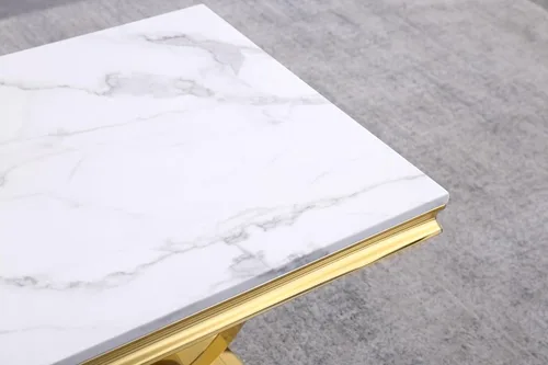 Vista 5 de Mesa auxiliar moderna de mármol sintético, mesa auxiliar de mármol sintético con marco geométrico, mesa central rectangular de mármol, mesa de té