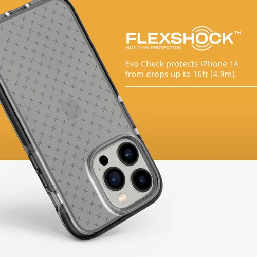 Vista 3 de Tech21 iPhone 14 Pro Evo Check – Funda protectora delgada y absorbente de golpes con protección FlexShock Multi-Drop de 16 pies y botones