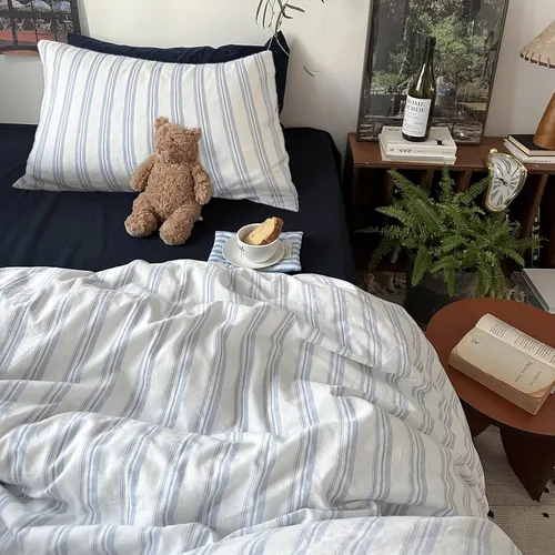 Vista 270 de mixinni Juego de funda de edredón vintage a rayas, tamaño twin, juego de ropa de cama de 3 piezas, 100% algodón lavado, suave y transpirable, funda