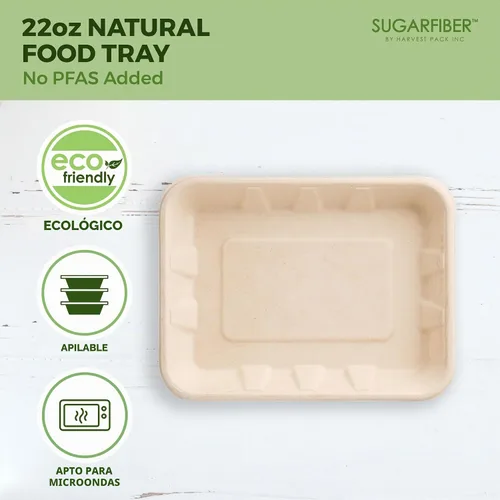 Vista 4 de 100 unidades Harvest Pack 22 oz Bandejas de comida compostables, 21.56 cm x 16.38 cm x 3.3 cm Contenedor de comida desechable LIBRE de PFAS, platos