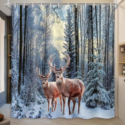 Vista 8 de MERCHR Cortina de Ducha de Nieve de Bosque Invernal, Cortina de Ducha de Pino Navideño y Venado Copo de Nieve para Baño, Decoración Festiva Navideña