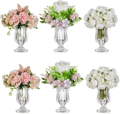 Vista 9 de Glasseam Jarrón de cristal con pedestal para flores, juego de 3 jarrones de compota de 7.5 pulgadas de alto, jarrones transparentes para centros