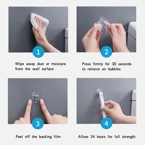 Vista 5 de Gancho adhesivo de pared, juego de ganchos autoadhesivos resistentes y engrosados, 16 piezas, carga máxima de 33 libras, transparente, impermeable