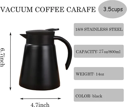 Vista 2 de Jarra térmica de acero inoxidable de 27 onzas con asa, olla aislada al vacío de doble pared para agua caliente, té, café, retención de calor, 27.1