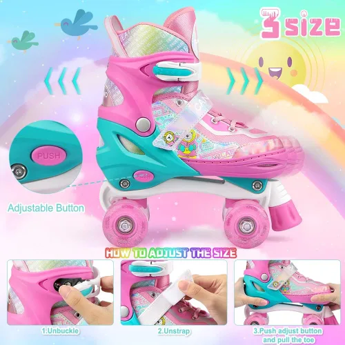 Vista 2 de Patines para niños y niñas, 4 tamaños, ajustables, con ruedas iluminadas para niños, adolescentes, principiantes y avanzados, interiores y exteriores