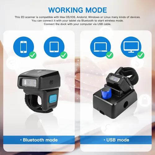Vista 4 de NETUM Escáner de código de barras con anillo QR 2D Bluetooth, mini lector de códigos de barras portátil con base de carga y memoria incorporada