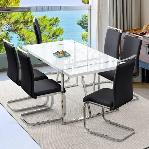 Vista 20 de Mesa de comedor Ebullient para 4, mesa de comedor rectangular negra de MDF, tapa de mesa de cena de mármol falso, mesa de comedor moderna con marco