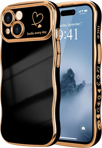 Vista 91 de LCHULLE - Funda para iPhone Air, linda para mujeres y niñas, con forma de onda, color azul bebé Luxury Plating Curly Wavy Frame with Love Heart