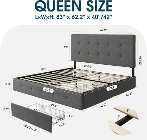 Vista 33 de WEEWAY Base de cama de plataforma tamaño King con 4 cajones de almacenamiento, cabecera capitonada con botones de costura de diamante, base de Negro