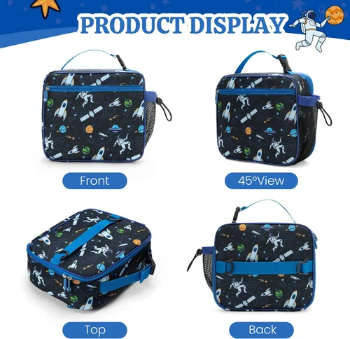 Vista 5 de MEXS Bolsa de almuerzo para niños, lonchera aislada para niñas y niños, lonchera duradera (ajustable) con soporte para botella de agua/forro