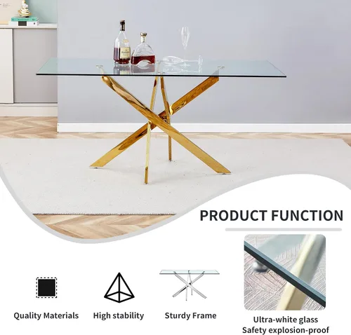 Vista 4 de Juego de mesa de comedor de cristal para 4, moderno juego de mesa de comedor de 51 pulgadas para 4, mesa de cristal dorada en forma de X con 4 Gris