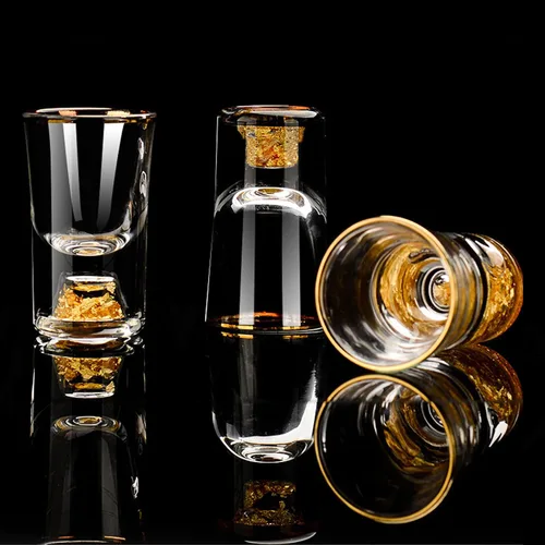 Vista 6 de Juego de 6 vasos de chupito de 0.3 fl oz (0.33 onzas) Shot Cups Decorated with 24K Gold Flakes for Whiskey, Tequila, Vodka, Mini Shot Glass