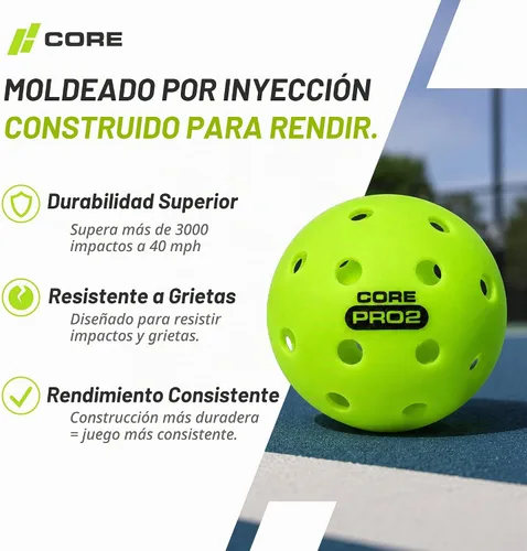 Vista 4 de CORE PRO2 Outdoor Pickleball Balls, 40-Hole Design, Textured Lime Green Surface, Consistent Bounce, Stable Flight and Crack-Resistant Construction