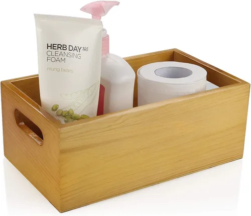 Vista 5 de Un organizador de madera de pino seleccionado, caja abierta, 4 paquetes, contenedor de almacenamiento de madera de 6 x 10 pulgadas con asa para baño