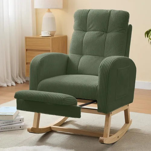 Vista 10 de NIOIIKIT Mecedora para guardería, mecedora tapizada de pana con reposapiés ajustable, silla mecedora copetuda con bolsillo lateral, mecedora café