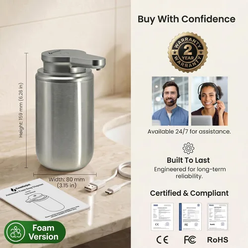 Vista 9 de GentleJet WaveJet - Dispensador automático de jabón espumoso con sensor sin contacto, USB-C recargable, acero inoxidable 304, IPX5 resistente al
