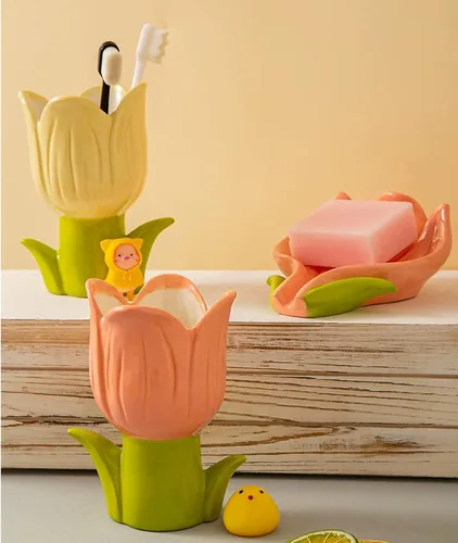 Vista 4 de WAIT FLY Soporte para cepillos de dientes con forma de flor, decoración de baño, soporte para cepillos de dientes tulipán