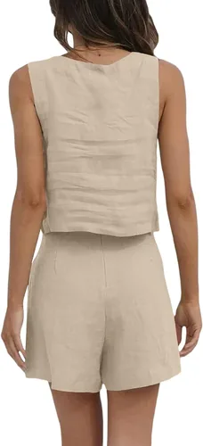 Vista 5 de Conjunto corto de 2 piezas para mujer, conjuntos de verano a juego, camisetas cortas de lino y algodón con bolsillos