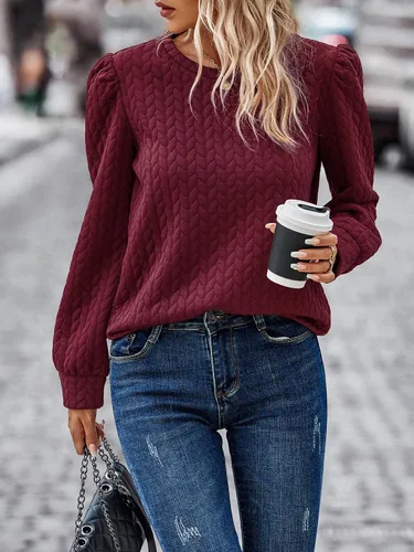 Vista 2 de PRETTYGARDEN Sudaderas de manga abullonada para mujer, para otoño, casual, cuello redondo, textura torcida sólida, sin botones