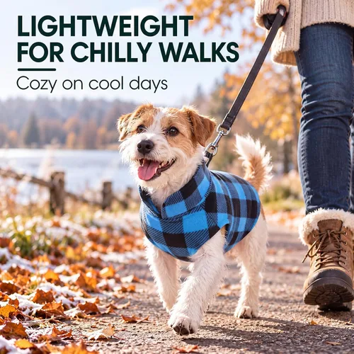 Vista 3 de Kuoser - Chaleco de forro polar para perros, suéter cálido a cuadros con agujero para correa, pijama suave para cachorros, abrigo de invierno