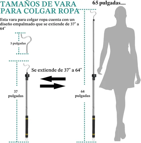 Vista 2 de Gancho Telescópico para Colgar Ropa con Ajuste Telescópico, Poste Ligero para Ropa que se Extiende de 37" a 65" con Gancho de 4.7" y Mango