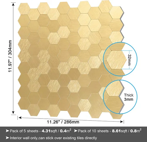 Vista 6 de BeNice Pelar y pegar Backsplash Cocina Hexágono Metal Azulejo Oro 5pcs Dorado