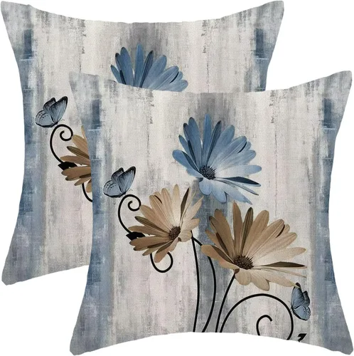 Vista 14 de Juego de 2 fundas de almohada florales de color salvia de 16 x 16 pulgadas, fundas de almohada decorativas con flores de margarita y mariposas