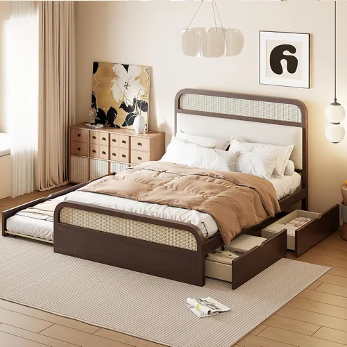 Vista 10 de JIVOIT Cama de plataforma de tamaño King con cabecera de 46.5 pulgadas de alto, marco de plataforma de madera de bambú maciza con listones de madera