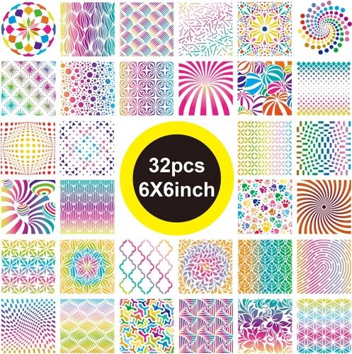 Vista 2 de 32 plantillas geométricas de 6 x 6 pulgadas, plantillas de pintura de mandala para álbumes de recortes, galletas, azulejos, muebles, decoración